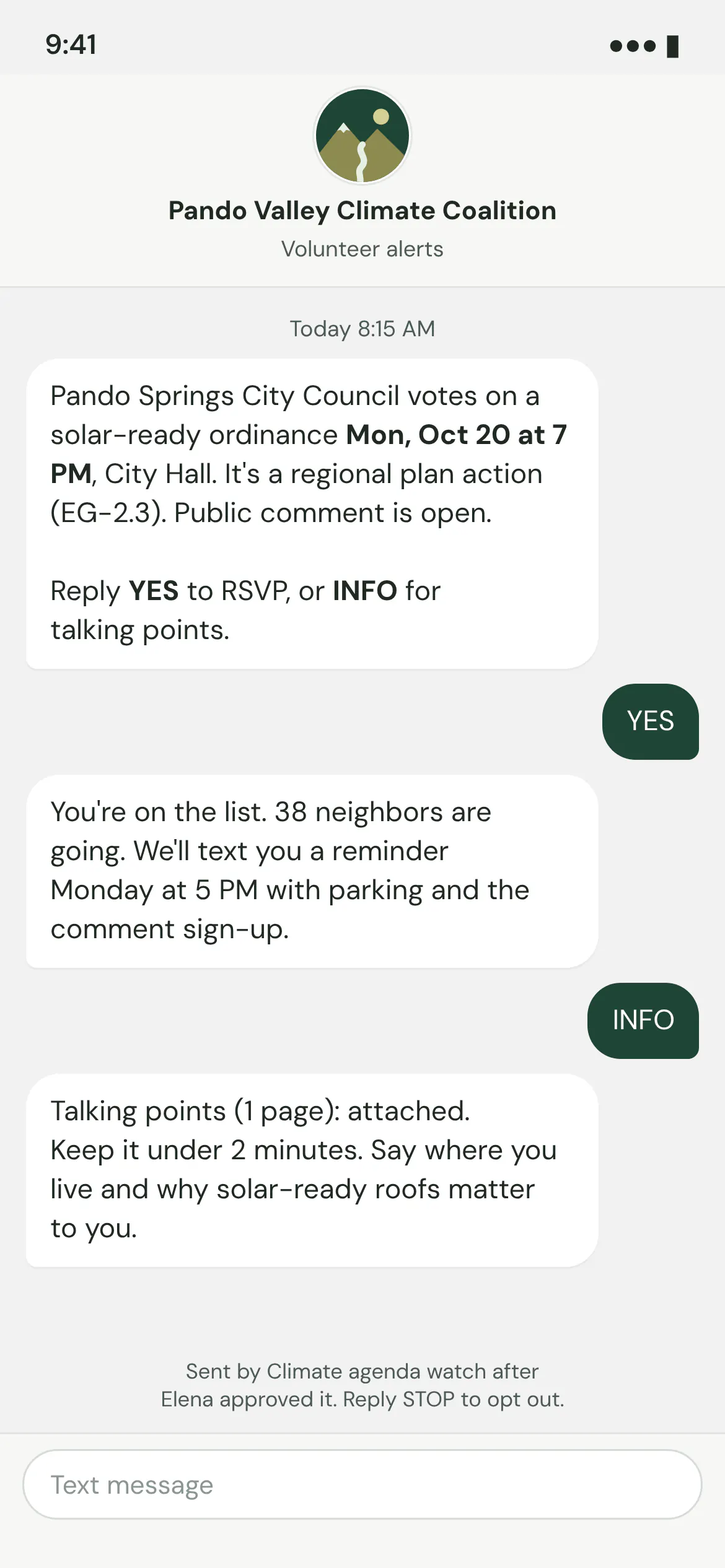 A text message alert to a volunteer from the fictional Pando Valley Climate Coalition about a council vote on a plan action. The real text carries a link to RSVP; its reply-to-RSVP, talking points on request, and day-of reminder are not built.