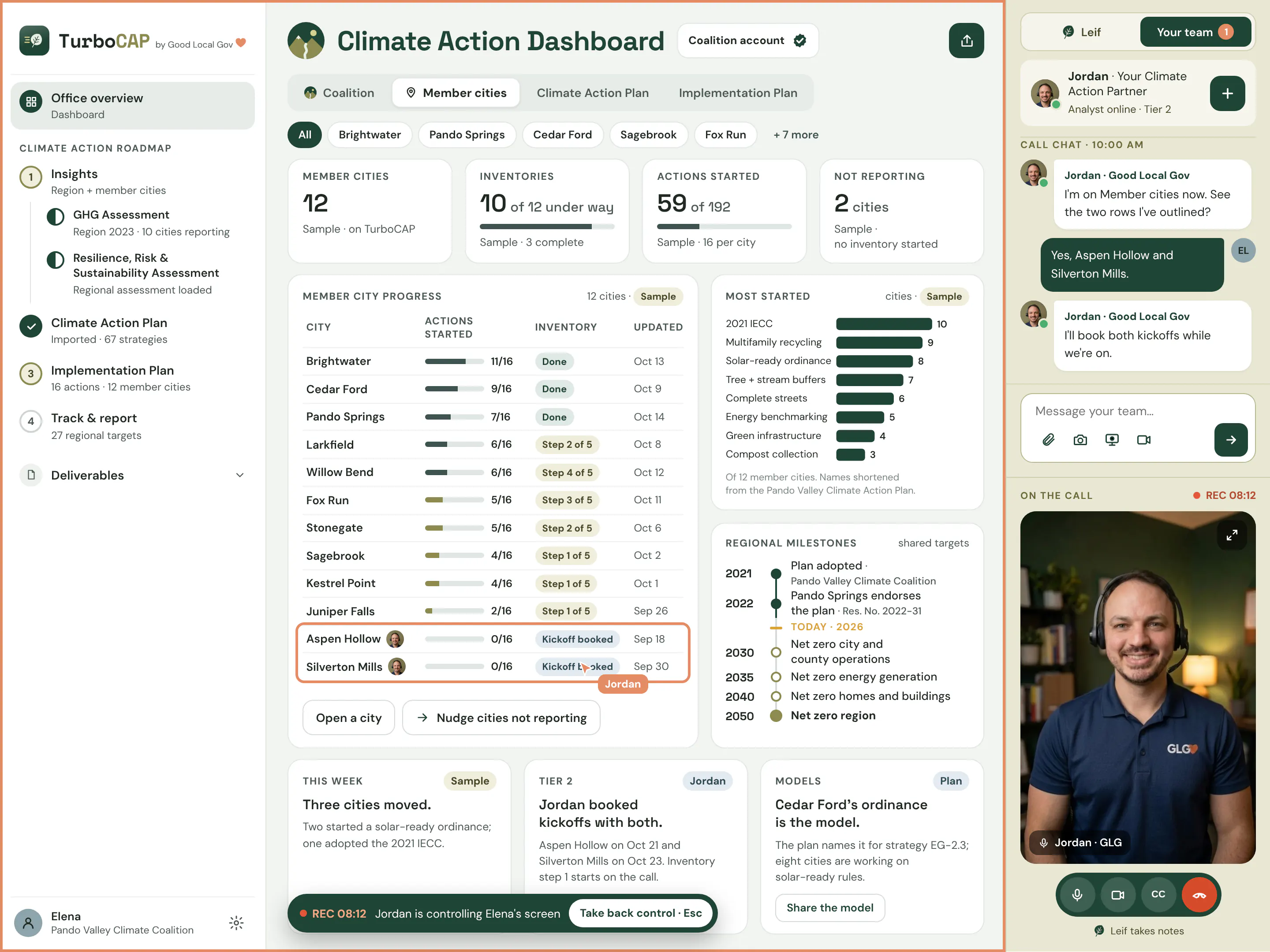 A video call between coalition staff and a Climate Action Partner, who guides them through the member cities view of the fictional Pando Valley Climate Coalition. A coalition account has no call inside TurboCAP yet: the still’s call, the partner controlling the coalition’s screen, Leif taking notes, the booked kickoffs, and the regional milestones are not built; the member cities view is real.