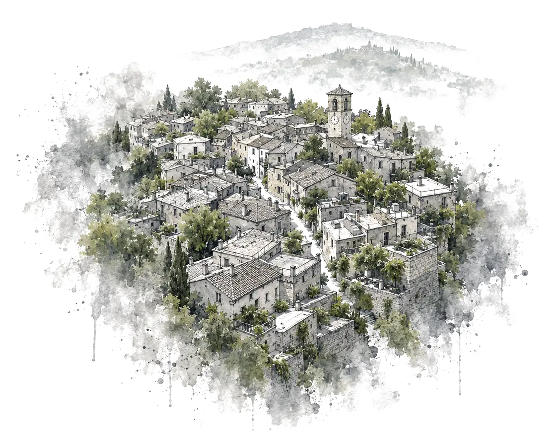 An ink-wash sketch of a small hill town seen from above: rooftops, narrow streets, trees and a clock tower fading into mist.