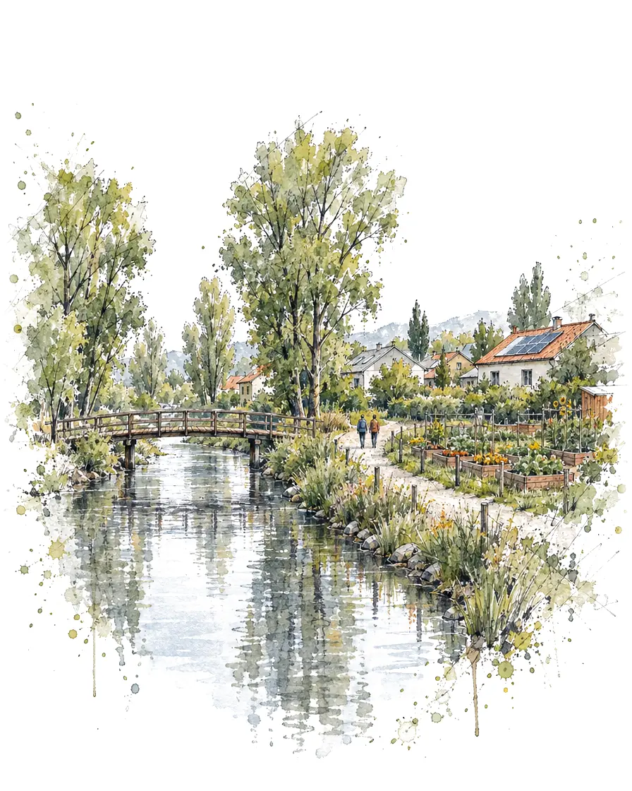An ink and watercolour sketch of a river bend at the edge of a small town: a timber footbridge, tall trees, a community garden and solar panels on one roof.