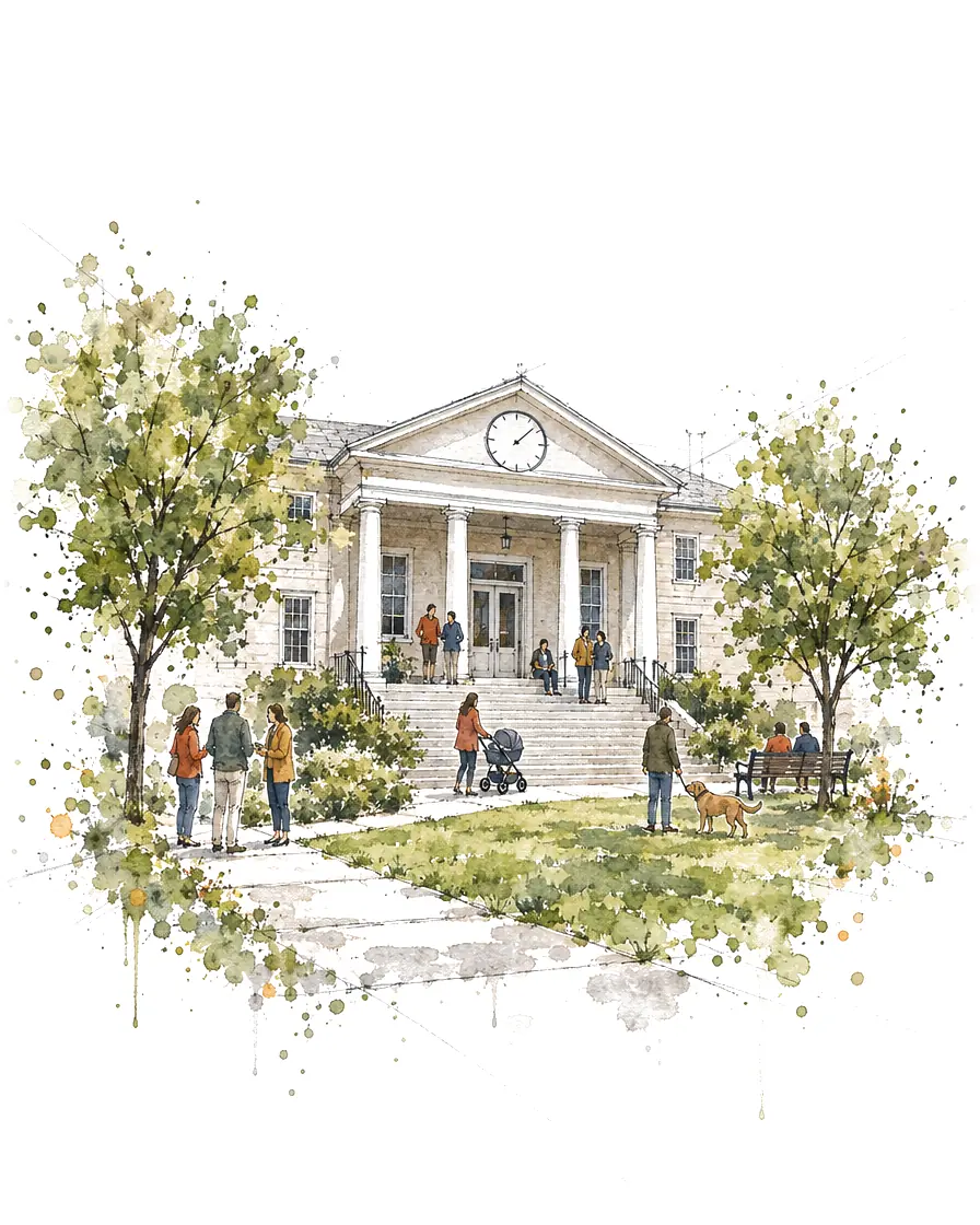 An ink and watercolour sketch of neighbours talking on the steps and lawn of a small civic building with a clock in its gable.