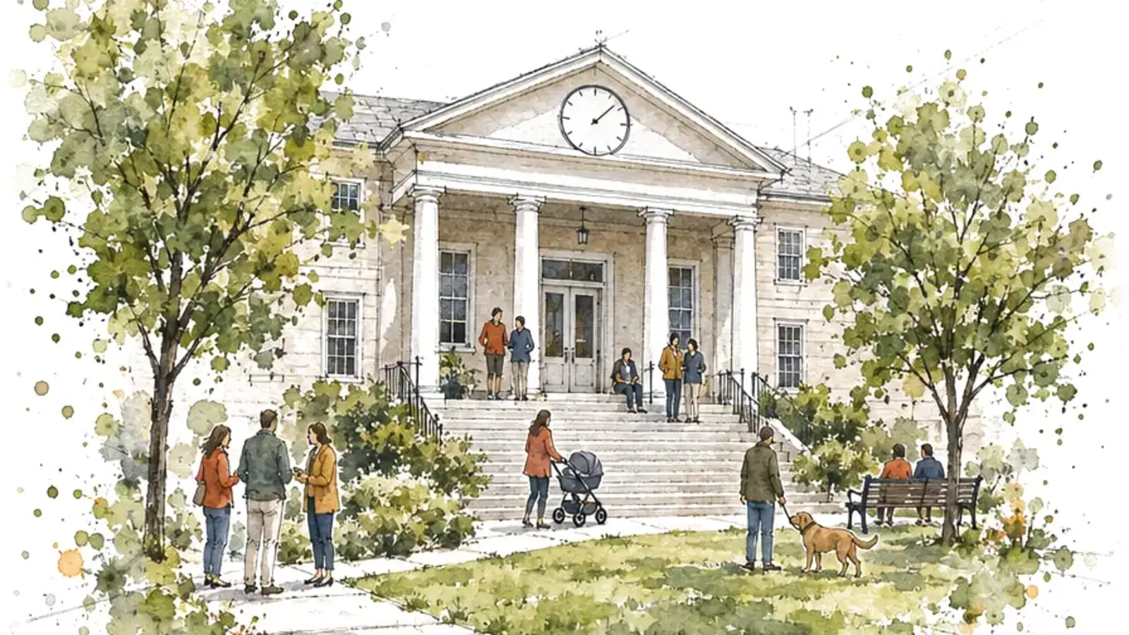 Neighbours on the steps and lawn of a small civic building, painted in ink and watercolour